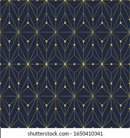 Decorative art deco pattern. Golden contoured ornaments. Dark blue background. Outlined diamond element texture. Tracery wallpaper. Simple linear geometric motif. Elegant luxury print on textile linen