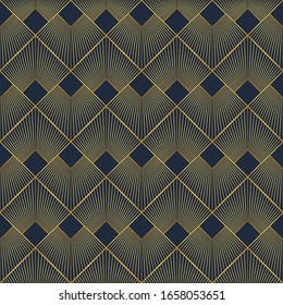 Decoración art decó. Los adornos con contorno cuadrado dorado. Fondo azul oscuro. Textura de elementos de diamante. Papel pintado de tracería. Motivo geométrico lineal. Elegante estampado lujoso en textiles, lino, carta.