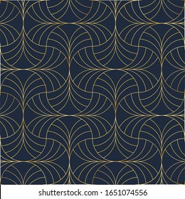 Decorative Art Deco Round Pattern. Golden Outlined Geometric Ornaments On Dark Blue Background. Simple, Circle Elements Texture. Luxury, Elegant, Vintage Print For Textile, Linen, Card, Wrapping Paper