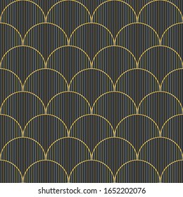 Decorative art deco round pattern. Golden outlined geometric ornaments on dark blue background. Simple, circle elements texture. Luxury, elegant, vintage print for textile, linen, card, wrapping paper