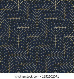 Decorative art deco round pattern. Golden outlined geometric ornaments on dark blue background. Simple, circle elements texture. Luxury, elegant, vintage print for textile, linen, card, wrapping paper