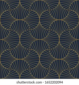 Decorative art deco round pattern. Golden outlined geometric ornaments on dark blue background. Simple, circle elements texture. Luxury, elegant, vintage print for textile, linen, card, wrapping paper
