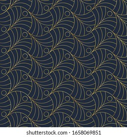 Decorative art deco round pattern. Golden outlined geometric ornaments on dark blue background. Simple, circle elements texture. Luxury, elegant, vintage print for textile, linen, card, wrapping paper