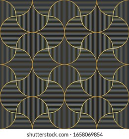 Decorative art deco round pattern. Golden outlined geometric ornaments on dark blue background. Simple, circle elements texture. Luxury, elegant, vintage print for textile, linen, card, wrapping paper