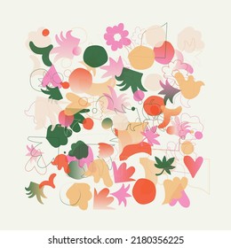 Decorative Art inspired by Mid Century movement design made with abstract geometric shapes and bold forms. Digital graphics for poster, cover, art, presentation, prints, fabric, wallpaper and etc.
