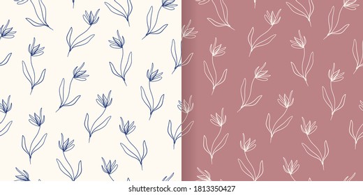 Decorative art line seamless patterns set with floral design, doodle shapes. Modern artwork.