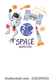 Decorative art print with astronauts, spaceship, moon, rocket, planet earth and stars isolated on white. Banner template about adventures in space. Space party poster. Cartoon vector illustration