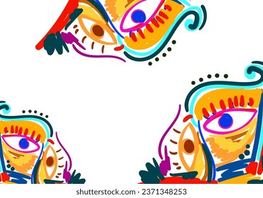 The decorative art style features eye ornaments, vector illustrations.