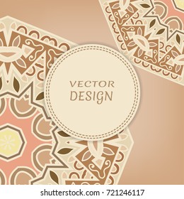 Decorative artistic background with place for the text. Wedding invitation or greeting card template with mandala motif. Abstract colorful geometric pattern