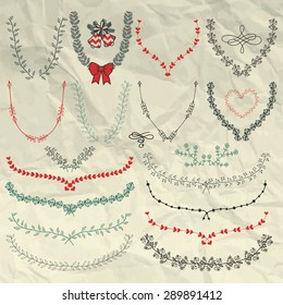 Decorative Artistic Colorful Hand Sketched Doodle Floral Wreaths, Laurels, Branches on Crumpled Paper Texture. Design Elements. Pen Drawing. Vector Illustration