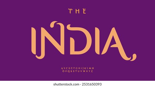 Decorative artistic font with cultural Indian flair, ideal for ethnic and cultural designs, luxurious design for artistic branding. Exotic typography with stylish accents. Vector typeset