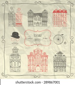 Decorative Artistic Hand Sketched Vintage Old Styled Doodle Houses on Crumpled Paper Texture. Design Elements, Objects, Buildings. Pen Drawing. Vector Illustration