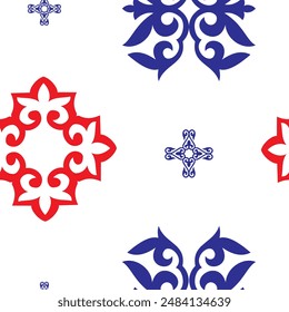 Decorative Asian Folk Blue, red pattern on a white background. Seamless Pattern. Ornament: Kyrgyz, Kazakh, Bashkir, Tatar, Yakut, Mongol. Ethnic Vector Illustration for Paper Products, Textiles. 
