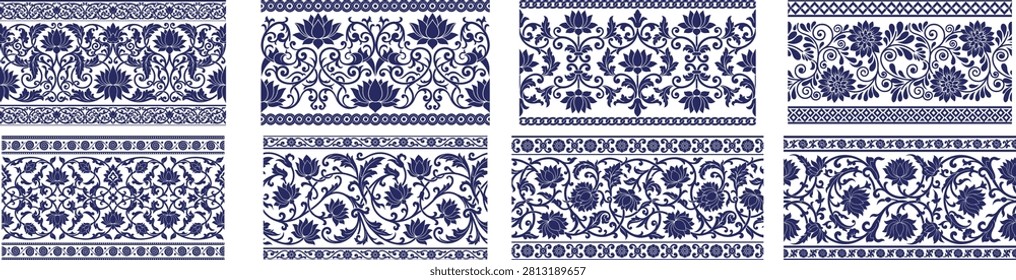 Decorative asian pattern borders collection, elegant porcelain style ornaments, blue vintage scrollwork designs.