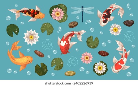 Decorative asian pond elements. Koi fish, colored japanese carps, aquatic plants, rocks, garden design, lilies and lotuses in water, top view objects. cartoon flat style tidy vector set