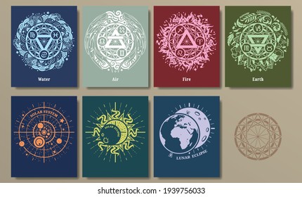 Decorative astrology illustrations. The collection include illustrations of astronomical phenomenon and  the four elements, which are designed with combining zodiac signs and alchemy signs. 