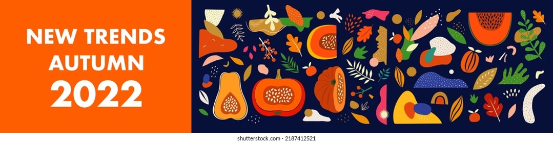 Decorative autumn advertising horizontal banner with pumpkins, colorful doodles and shapes. Autumn banner. New trends autumn 2022