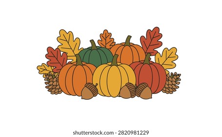 Decorative autumn arrangement of pumpkins pinecones acorns and colorful oak leaves in warm seasonal harvest tones.
