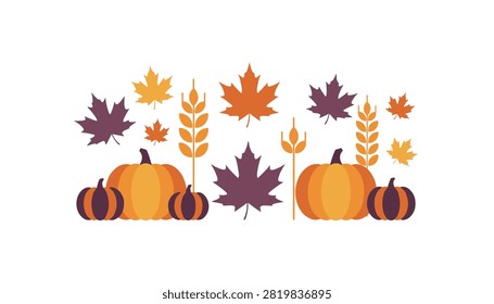 Decorative autumn arrangement with various pumpkins, wheat stalks, and colorful maple leaves for seasonal harvest thanksgiving display.