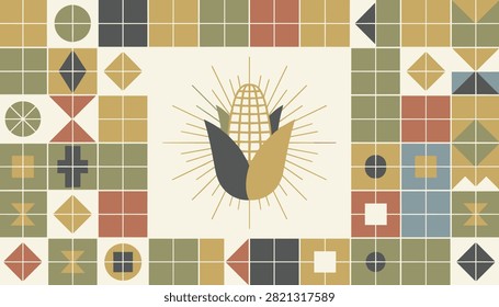 Decorative autumn banner featuring a glowing golden corn cob surrounded by a colorful geometric mosaic pattern.