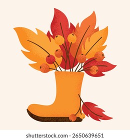 Decorative autumn boot filled with colorful leaves and berries. Vector illustration with grainy texture. EPS10 format, fully scalable without quality loss