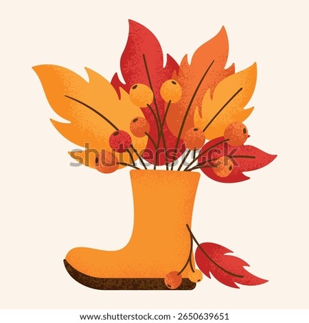 Decorative autumn boot filled with colorful leaves and berries. Vector illustration with grainy texture. EPS10 format, fully scalable without quality loss