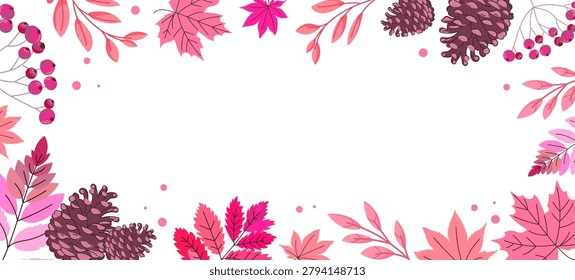 Decorative autumn border banner template pine cones, colorful fall leaves, berries, and botanical branches arranged around a blank center, printable design. Vector illustration
