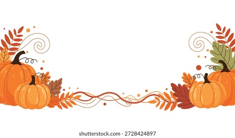 Borde de otoño decorativo con varias calabazas, hojas de otoño coloridas y enredaderas arremolinadas sobre un fondo blanco para un Anuncio estacional.