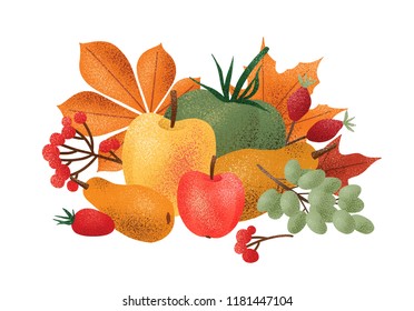 Decorative autumn composition with fresh harvested tasty fruits, vegetables, berries, fallen leaves isolated on white background. Colorful elegant seasonal vector illustration in modern style.