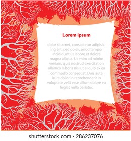 Decorative Autumn Forest Frame. Branches silhouette on red grunge paint leaf. Text place in center.Vector page design. Eps 10.