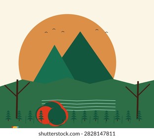 Decorative autumn forest vector with colorful trees, winding path and wildflowers.
