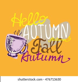 Decorative autumn illustration with cup. Vector illustration.
