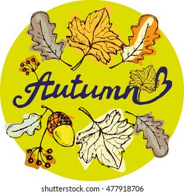 Decorative autumn illustration with yellow and beige leaves, acorn. Vector illustration.