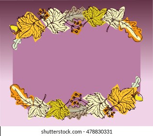 Decorative autumn illustration with yellow and beige leaves, acorn. Vector illustration.
