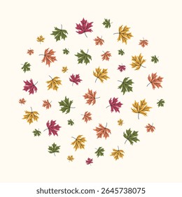 Decorative autumn leaf collection in circle frame. Flat falling leaves background. Great card, sticker, paper good, seasonal branding, autumn themes, social media template, Thanksgiving design