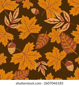 Decorative autumn leaves pattern on a dark background. Vector illustration