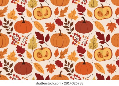 Decorative autumn pattern featuring various pumpkins, colorful fall leaves, and red berries, creating a warm seasonal design.