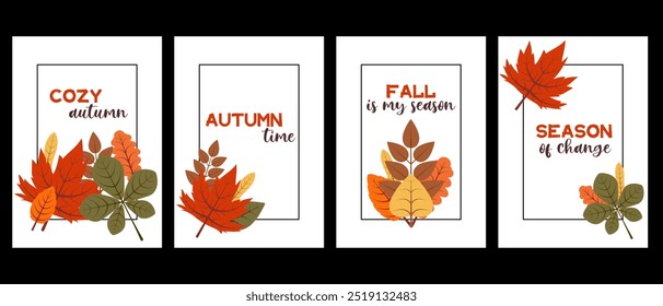 Decorative autumn posters set with colorful leaves and lettering. Vertical autumn A4 notebook covers. Isolated on black background. White seasonal posters set with flat style illustrations.