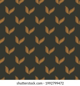 Decorative autumn seamless pattern with doodle falling leaves shapes. Dark brown background. Stock illustration. Vector design for textile, fabric, giftwrap, wallpapers.