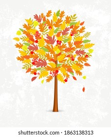 Forma decorativa de árbol de otoño redondeada con hojas coloridas sobre fondo de papel gris blanco para su diseño