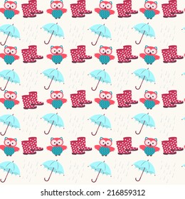 Decorative autumn vector background with owls and umbrellas (seamless pattern)