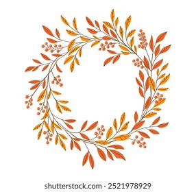Dekorativer Herbstkranz mit orangefarbenen Blättern und Beeren, perfekt für herbstliche Designs und saisonale Dekoration.