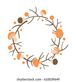 Decorative autumn wreath. Frame made of branches, berries and mushrooms. Vector illustration