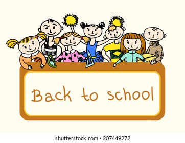 Decorative back to school emblem print banner with children playing in sport games sketch doodle illustration