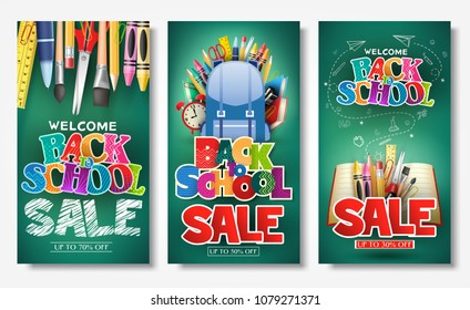 Decorative Back to School Sale Text in Green Chalkboard Background Promotional Poster and Banner Set Consisting of Different School Supplies for Marketing Purposes 
