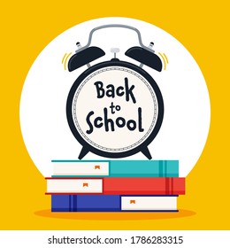 Concepto de texto decorativo "De vuelta a la escuela" con reloj despertador en libros, fondo de diseño plano. La plantilla de elemento de diseño se puede utilizar para banner, fondo, fondo de pantalla, ilustración vectorial