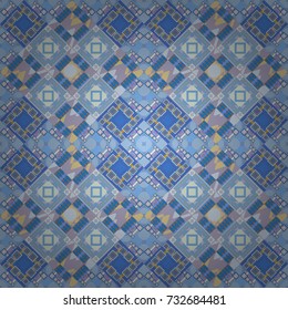 Decorative backdrop in beige, blue and violet colors can be used for wallpaper, pattern fills, page background, surface textures. Vector abstract geometric colorful seamless pattern for background.
