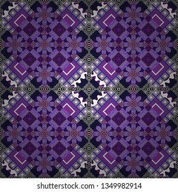 Decorative backdrop in black, violet and purple colors can be used for wallpaper, pattern fills, page background, surface textures. Vector abstract geometric colorful seamless pattern for background.