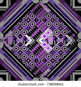 Decorative backdrop in black, violet and white colors can be used for wallpaper, pattern fills, page background, surface textures. Vector abstract geometric colorful seamless pattern for background.