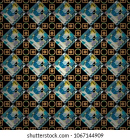 Decorative backdrop in blue, orange and black colors can be used for wallpaper, pattern fills, page background, surface textures. Vector abstract geometric colorful seamless pattern for background.